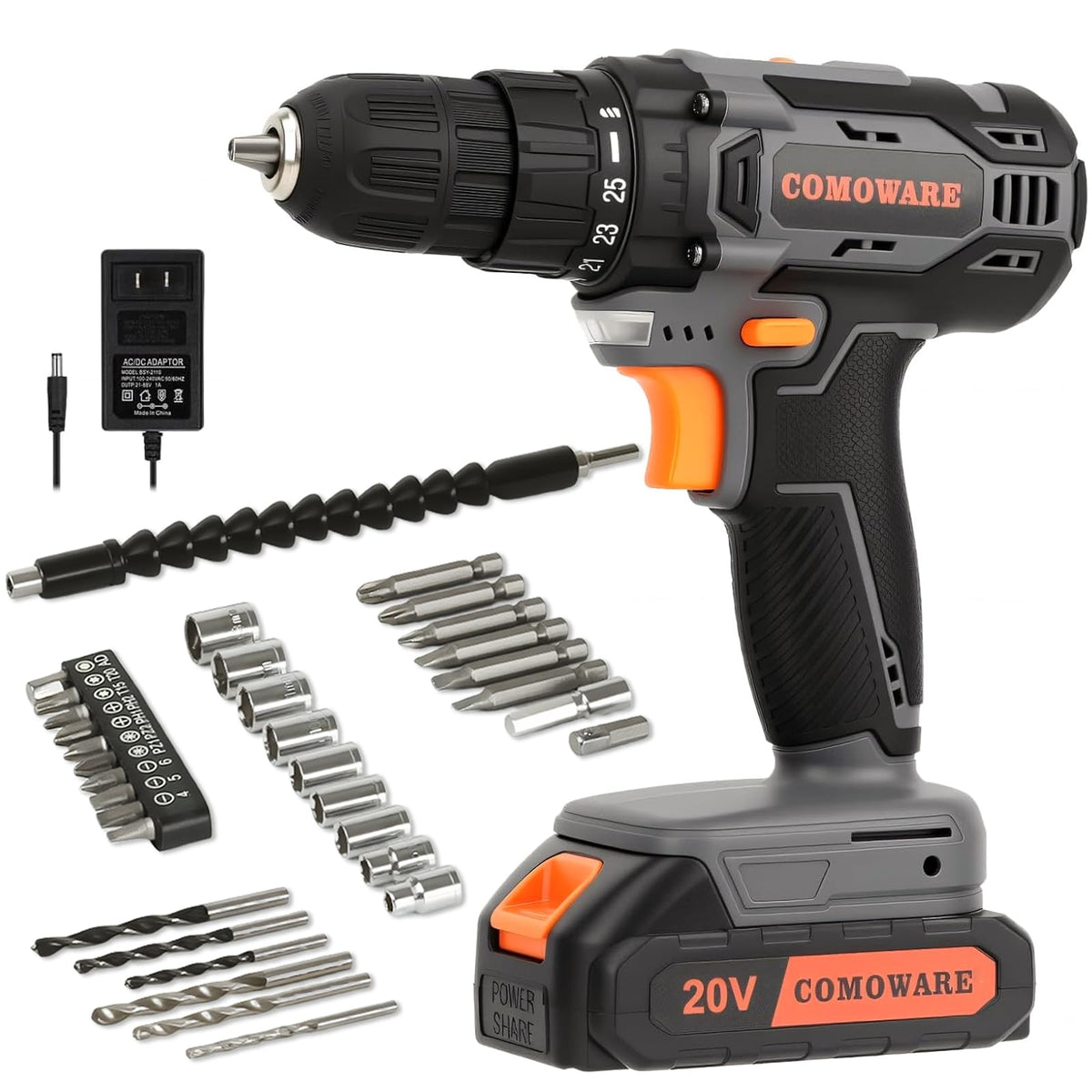 20V Cordless Drill Set with Dual Batteries and Bits