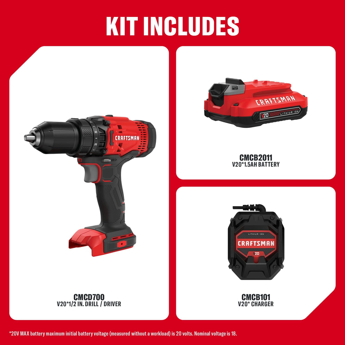 20V Cordless Drill Driver Kit with 1/2-Inch Chuck