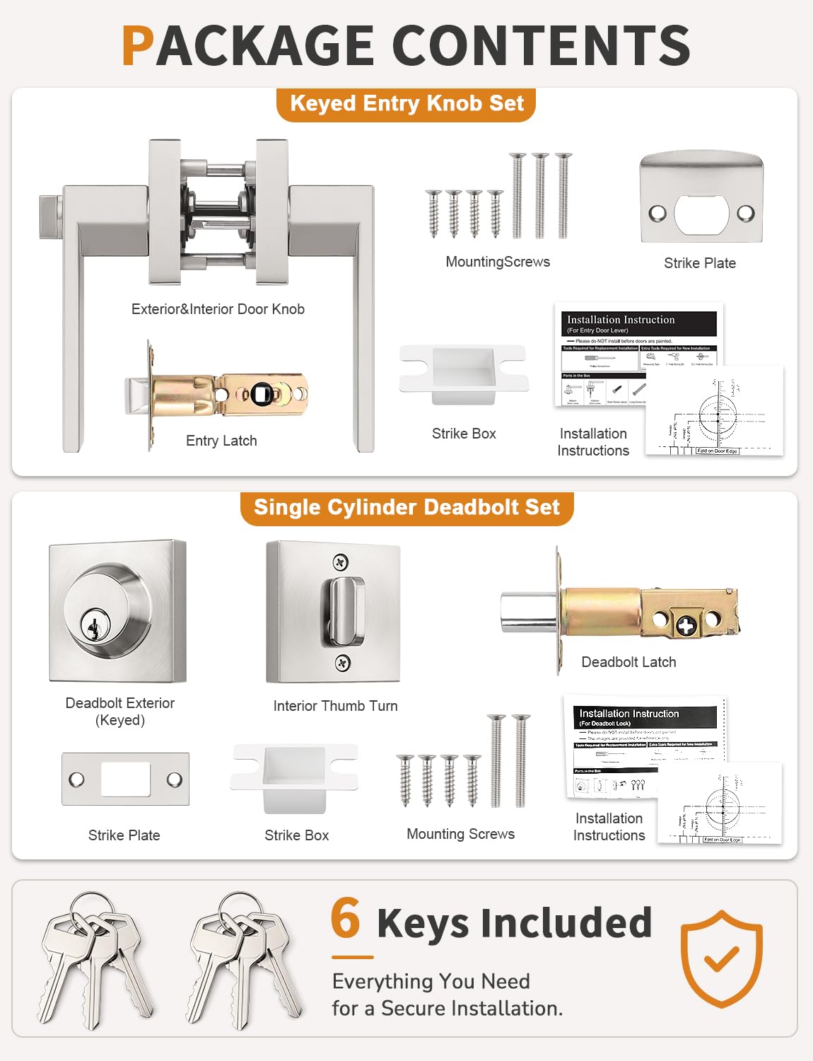 Front Door Lock Set with Heavy-Duty Square Design