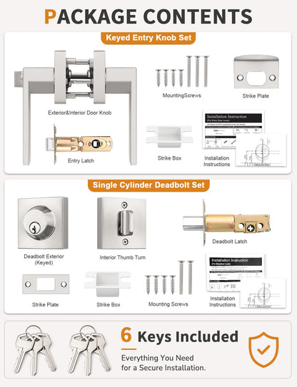 Front Door Lock Set with Heavy-Duty Square Design