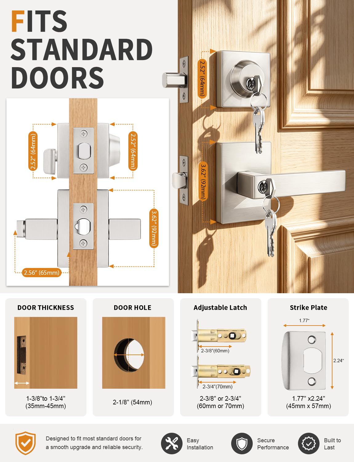 Front Door Lock Set with Heavy-Duty Square Design