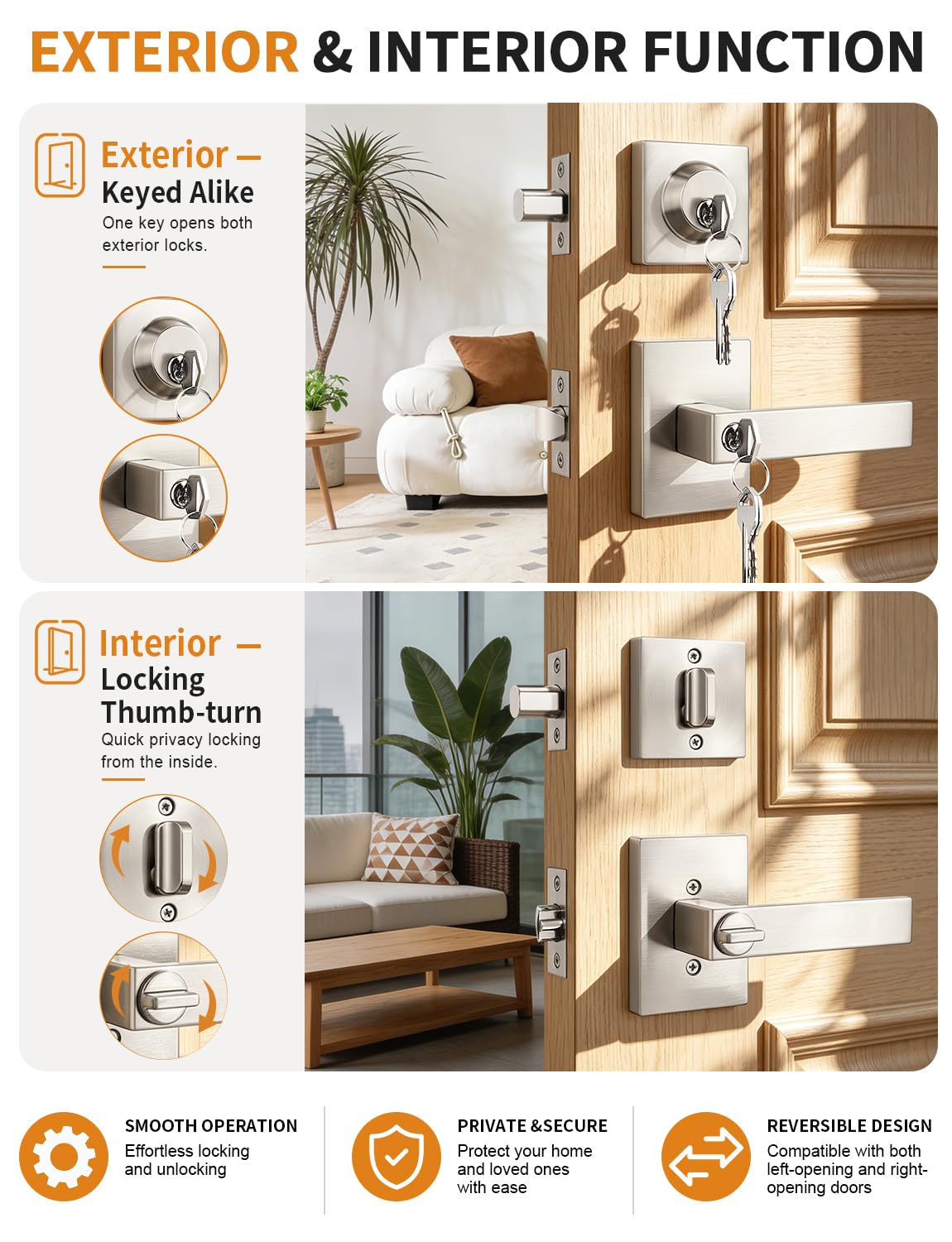 Front Door Lock Set with Heavy-Duty Square Design
