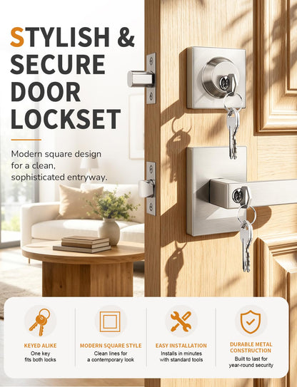 Front Door Lock Set with Heavy-Duty Square Design