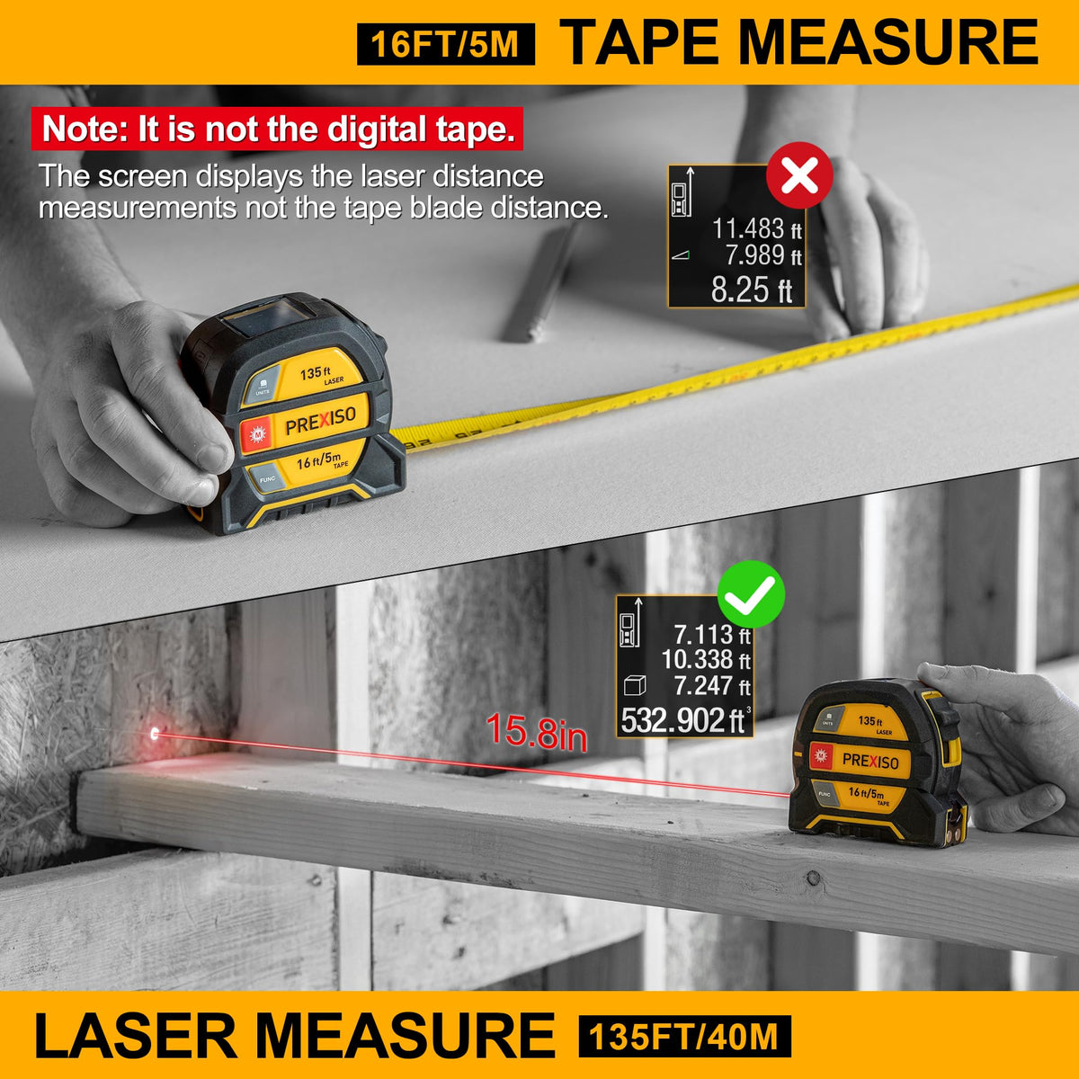 2-in-1 Laser Tape Measure with 135-Foot Range